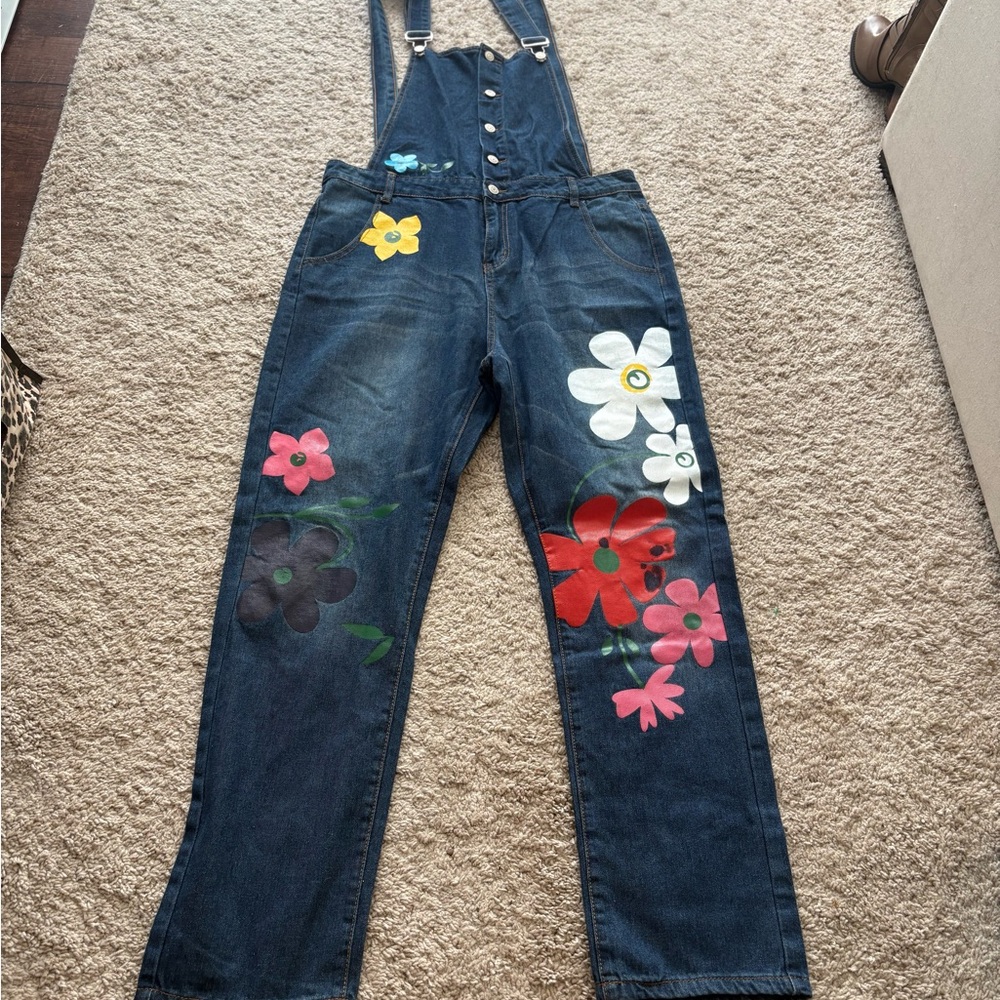 MISSLOOK Women’s Sz XL Juniors Blue Floral Patch Denim Overalls pockets buttons - Picture 4 of 9